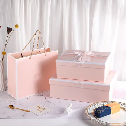 Minimalist Elegant Paperboard Gift Box With Matching Handbag Ribbon Bowknot For Wedding Party Souvenir Birthday Gift Packaging
