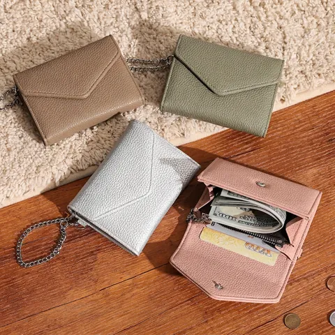 Women's Minimalist Lychee Pattern PU Leather Envelope Wallet Metal Chain Slim Card Slot Zipper Coin Pocket Clutch
