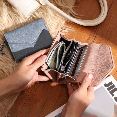 Women's Minimalist Lychee Pattern PU Leather Envelope Wallet Metal Chain Slim Card Slot Zipper Coin Pocket Clutch