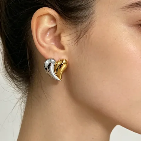 Orecchini A Lobo Cuore Acciaio Inossidabile Placcato Oro 18K Bicolore Lucidato A Specchio Gioielli Minimalisti Donna