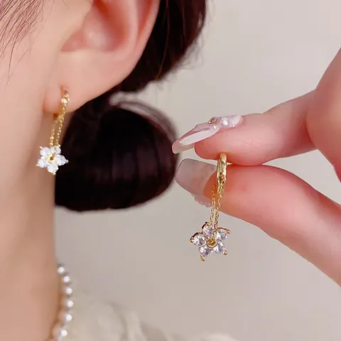 Elegant Gold Plated Copper Flower Drop Earrings With Zirconia Inlay Chain Hoop Earrings For Women Fashion Jewelry