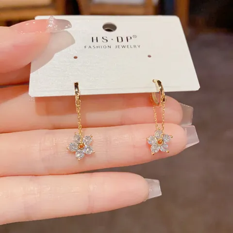 Elegant Gold Plated Copper Flower Drop Earrings With Zirconia Inlay Chain Hoop Earrings For Women Fashion Jewelry