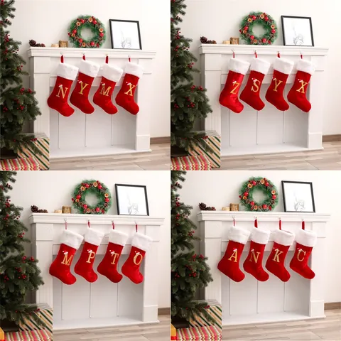 Chaussettes De Noël Velours Lettre Pailletée Or Avec Mini Bonnet De Noël Bordure Fourrure Décoration Cheminée