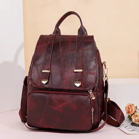 Sac à Dos Femme en Cuir PU Vintage Grande Capacité Imperméable Sac d'École Avec Boucle Métallique Sac à Bandoulière Décontracté