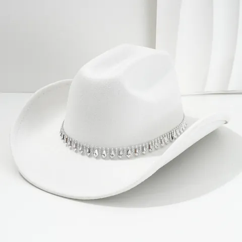 Western Cowboyhut Filz Strass Quasten Dekor Breite Krempe Party Bühne Damen Herren Vintage Mode Cowgirl Hut Zubehör