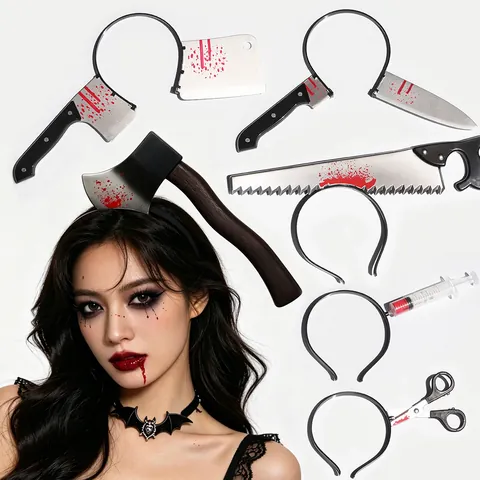 Halloween Horror Bloody Headband Plastic Through Head Knife Ax Syringe Saw Prop Zombie Cosplay Party Accessory Scary Prank