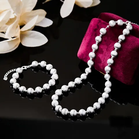 925 Sterling Silber Perlenkette Armband Schmuck Für Damen Gebürstet Matt Rund Kugel Gold Silber Plattiert Eleganter Schmuck