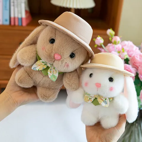 Cute Pudding Rabbit Plush Toy With Straw Hat Floral Bow Tie Soft Stuffed Bunny Doll For Children Birthday Gift Home Decor