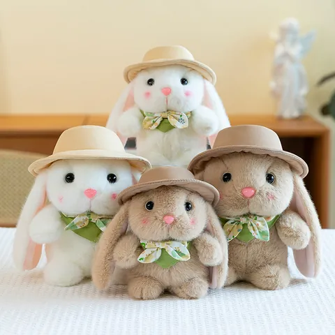 Cute Pudding Rabbit Plush Toy With Straw Hat Floral Bow Tie Soft Stuffed Bunny Doll For Children Birthday Gift Home Decor