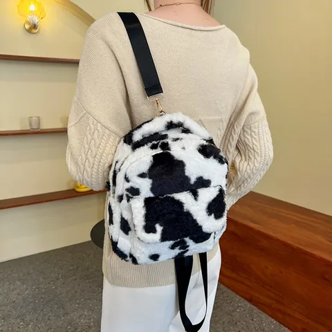 Zainetto Mini in Peluche con Motivo a Mucca per Donna in Pelliccia Sintetica Zaino da Viaggio alla Moda Morbida Borsa da Scuola