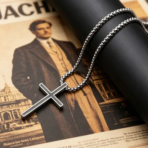 Collana con Pendente a Croce in Acciaio Inossidabile Hip Hop per Uomo Donna Lega di Zinco Galvanizzata Argento Smalto Nero Gioielli