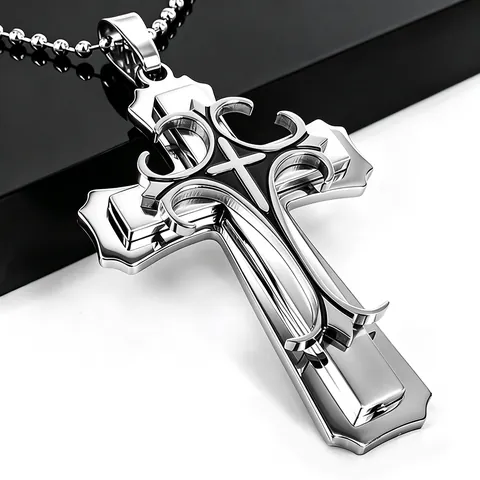 Vintage Alloy Triple Layer Cross Pendant Necklace Gothic Hip Hop Religious Jewelry Bead Chain Link Chain For Men Party