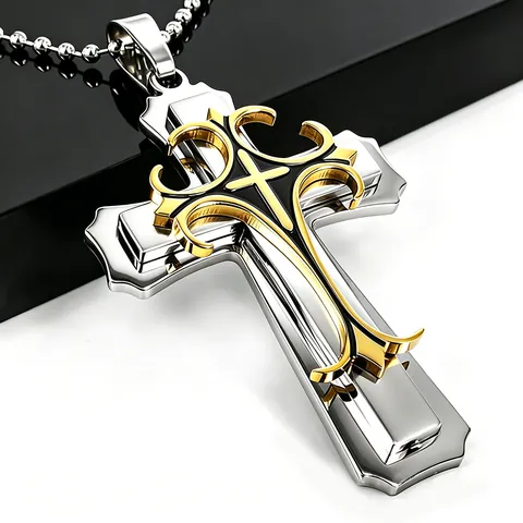 Vintage Alloy Triple Layer Cross Pendant Necklace Gothic Hip Hop Religious Jewelry Bead Chain Link Chain For Men Party