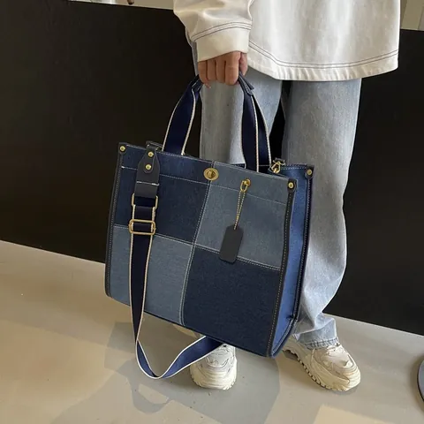 Large Capacity Patchwork Denim Tote Bag With Metal Turn Lock Contrast Color Canvas Shoulder Handbag For Women Office Daily Use