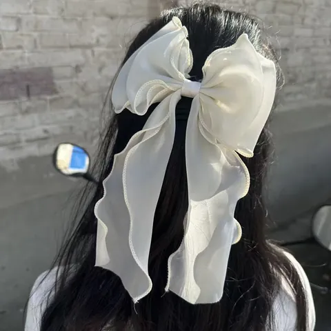 Grote Zeemeermin Iridiserende Strik Haarspeld Met Lang Lint Organza Eendenbek Clip Elegant Haaraccessoire