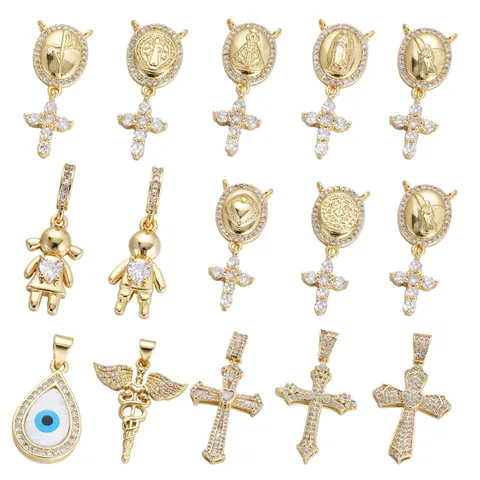 Ciondoli Religiosi Croce Occhio Del Male Rame Placcato Oro 18K Micro Pavé Zirconia Vergine Maria Gioielli Moda Per Donne