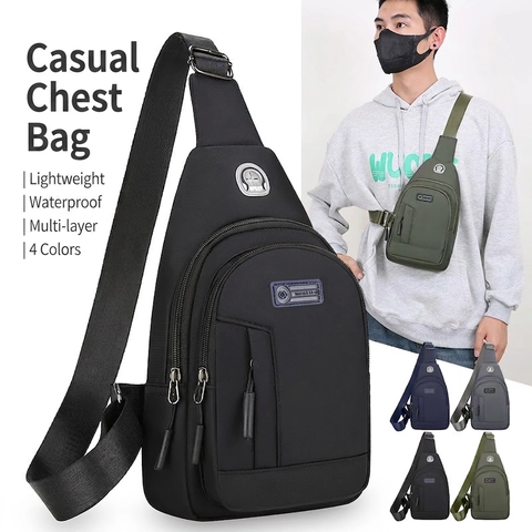 Herren Casual Oxford-Gewebe Brusttasche Wasserdicht Multi-Fach Sling Bag Mit Kopfhörerloch Für Outdoor Reisen Sport Umhängetasche