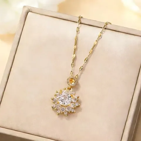 Luxury Titanium Steel Zirconia Flower Pendant Necklace For Women Gold Silver Plated Elegant Sunflower Clavicle Chain Jewelry