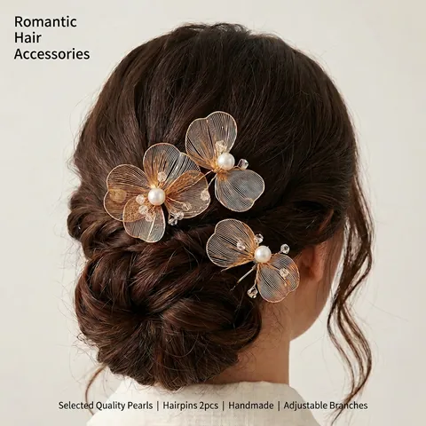 Forcine Per Capelli Da Sposa Fatte A Mano Fiore Oro Filo Intrecciato Künstliche Perle Imitazione Perline Di Cristallo Accessori
