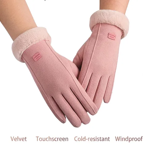 Guantes Cálidos de Invierno para Mujer Forro de Felpa Antelina Pantalla Táctil Con Borde de Pelo de Conejo Sintético A Prueba de Viento Térmico Outdoor Moda Guantes
