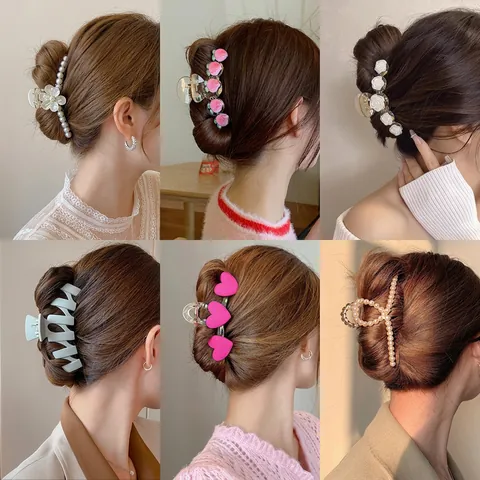 Korean Large Hair Claw Clip Alloy Resin Faux Artificial Pearl Rhinestone Flower Heart Peach Bowknot Shark Hair Clip Accessories
