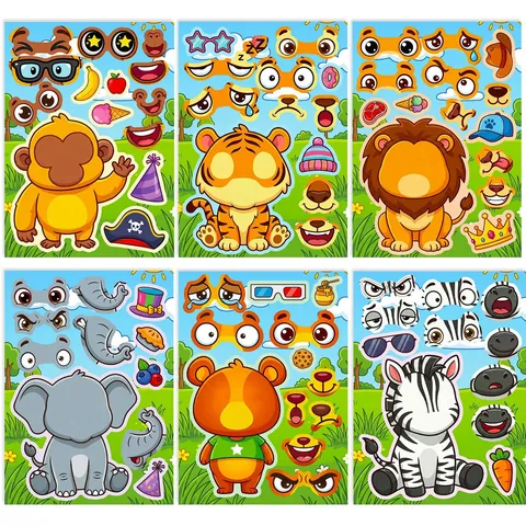 DIY Karikatur Tier Gesicht-Machen Aufkleber Für Kinder Früherziehung Handgemachte Puzzle Aufkleber Für Kleinkinder Jungen Mädchen Tierdekor