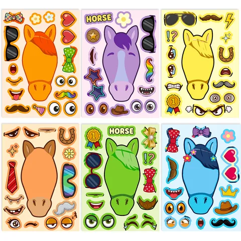 Pegatinas de Caballo DIY Crear una Cara para Niños Educación Temprana Expresión de Dibujos Animados Mix Match Hojas de Pegatinas de Rompecabezas