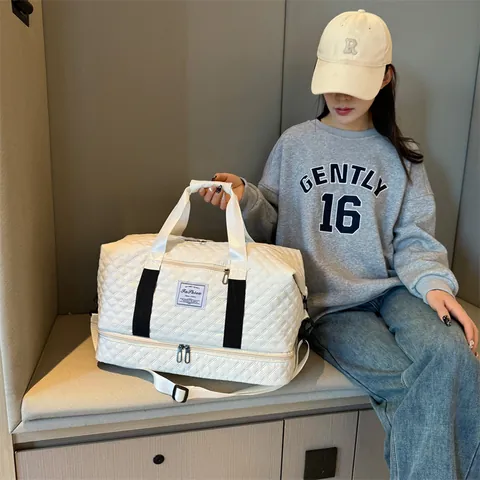 Quilted Rhombus Travel Bag Large Capacity Dry Wet Separation Gym Bag For Women Men Waterproof Oxford Cloth Duffel Bag