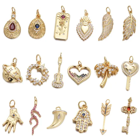Pendant Charms Copper Gold Plated Zircon Inlaid Heart Key Rose Planet For DIY Jewelry Making Women Accessory Gift