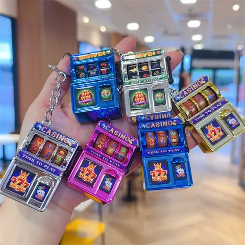 Mini Slot Machine Keychain Plastic Retro Casino Toy Stress Relief Bag Charm Lucky 777 Fruit Machine Pendant Game Gift