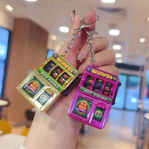 Mini Slot Machine Keychain Plastic Retro Casino Toy Stress Relief Bag Charm Lucky 777 Fruit Machine Pendant Game Gift