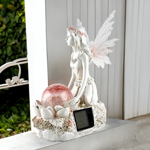 Statua di Fata da Giardino Solare Ornamento in Resina Sfera di Vetro Crepata Rosa Decorazione LED per Cortile Prato