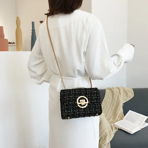 Elegant Tweed Crossbody Bag For Women Korean Style Small Square Flap Shoulder Bag With Gold Chain Lock Party Purse