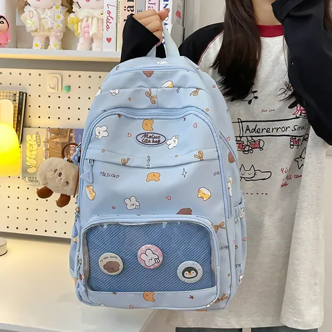 Cute Cartoon Print Large Capacity Nylon Backpack Waterproof Ita Bag Harajuku Style School Bookbag For Students Girls