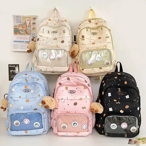 Cute Cartoon Print Large Capacity Nylon Backpack Waterproof Ita Bag Harajuku Style School Bookbag For Students Girls