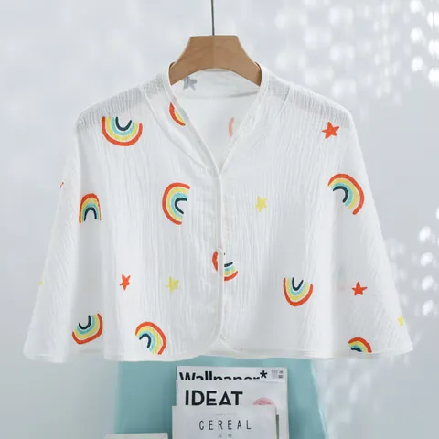 Women Double Layer Cotton Gauze Shawl Postpartum Breastfeeding Shoulder Cover Air Conditioning Cape Poncho With Buttons Printed