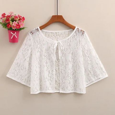 Gilet Boléro en Dentelle Florale Transparente Élégante pour Femme Avec Lien à Nouer Manches Cloche Top de Protection Solaire Été
