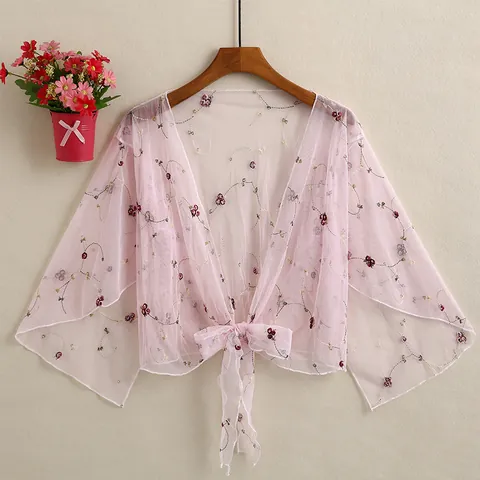 Bolero de Mujer de Malla con Bordado Floral Protección Solar Cárdigan Etéreo de Verano Lazo Delantero Manga Acampanada Top Transparente