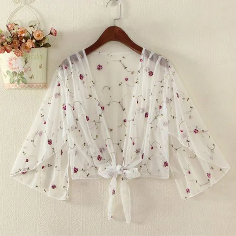 Women Sheer Mesh Floral Embroidery Shrug Tie-Up Flare Sleeve Sun Protection Shawl Summer Lightweight Cardigan Bolero Tops
