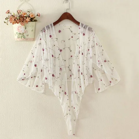 Women Sheer Mesh Floral Embroidery Shrug Tie-Up Flare Sleeve Sun Protection Shawl Summer Lightweight Cardigan Bolero Tops
