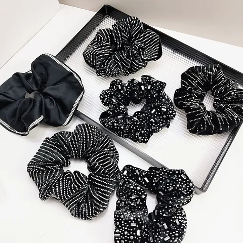 French Vintage Luxury Black Velvet Satin Scrunchies Rhinestone Hair Ties High Elastic Elegant Hair Accessories For Women Party Daily Headwear