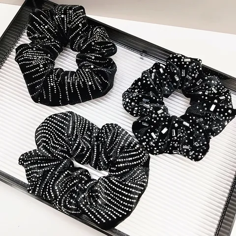 French Vintage Luxury Black Velvet Satin Scrunchies Rhinestone Hair Ties High Elastic Elegant Hair Accessories For Women Party Daily Headwear