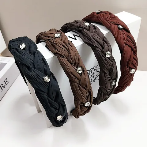 Vintage Elegantes Geflochtenes Stoff Stirnband Mit Funkelnden Strasssteinen Einfarbig Gefaltetes Breites Haarband Für Damen Modeschmuck