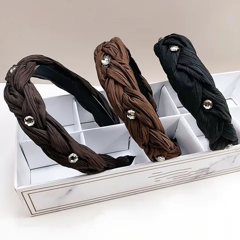 Vintage Elegantes Geflochtenes Stoff Stirnband Mit Funkelnden Strasssteinen Einfarbig Gefaltetes Breites Haarband Für Damen Modeschmuck