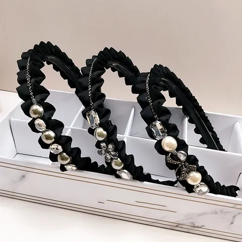 Vintage Pleated Satin Headband With Faux Artificial Pearl And Crystal Rhinestone Elegant French Style Hair Hoop For Women Party Dating Jewelry