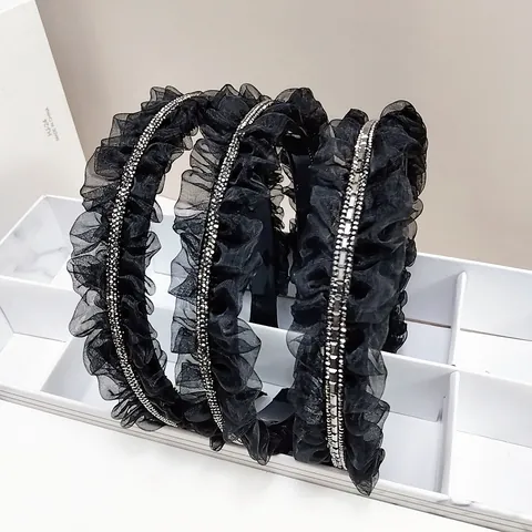 Cerchietto in Rete Plissettata Nera Rétro Francese Con Strass Elegante Cerchietto Antiscivolo per Capelli Donna Accessori Moda
