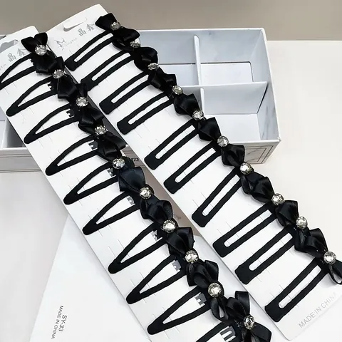 Elegant Black Satin Bow Hair Clips With Sparkling Rhinestone Decoration Korean Style Snap BB Clips For Women Jewelry