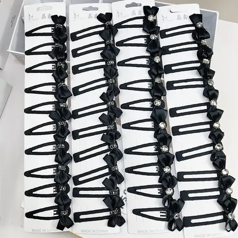 Elegant Black Satin Bow Hair Clips With Sparkling Rhinestone Decoration Korean Style Snap BB Clips For Women Jewelry