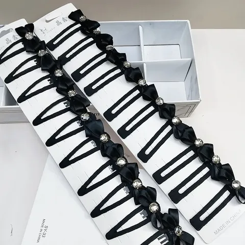 Elegant Black Satin Bow Hair Clips With Sparkling Rhinestone Decoration Korean Style Snap BB Clips For Women Jewelry
