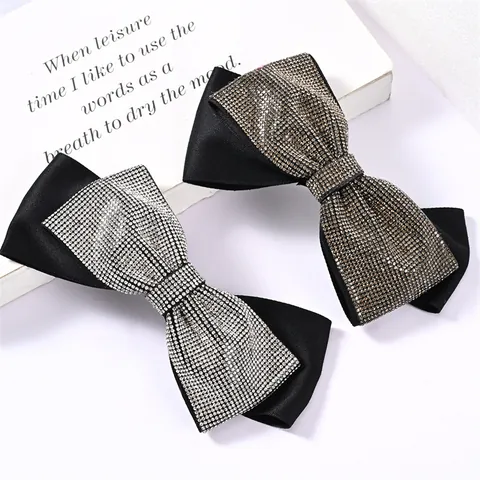 Fermaglio per Capelli a Fiocco Vintage da Donna in Satin Nero con Strass e Cristalli Clip a Molla Elegante Accessorio